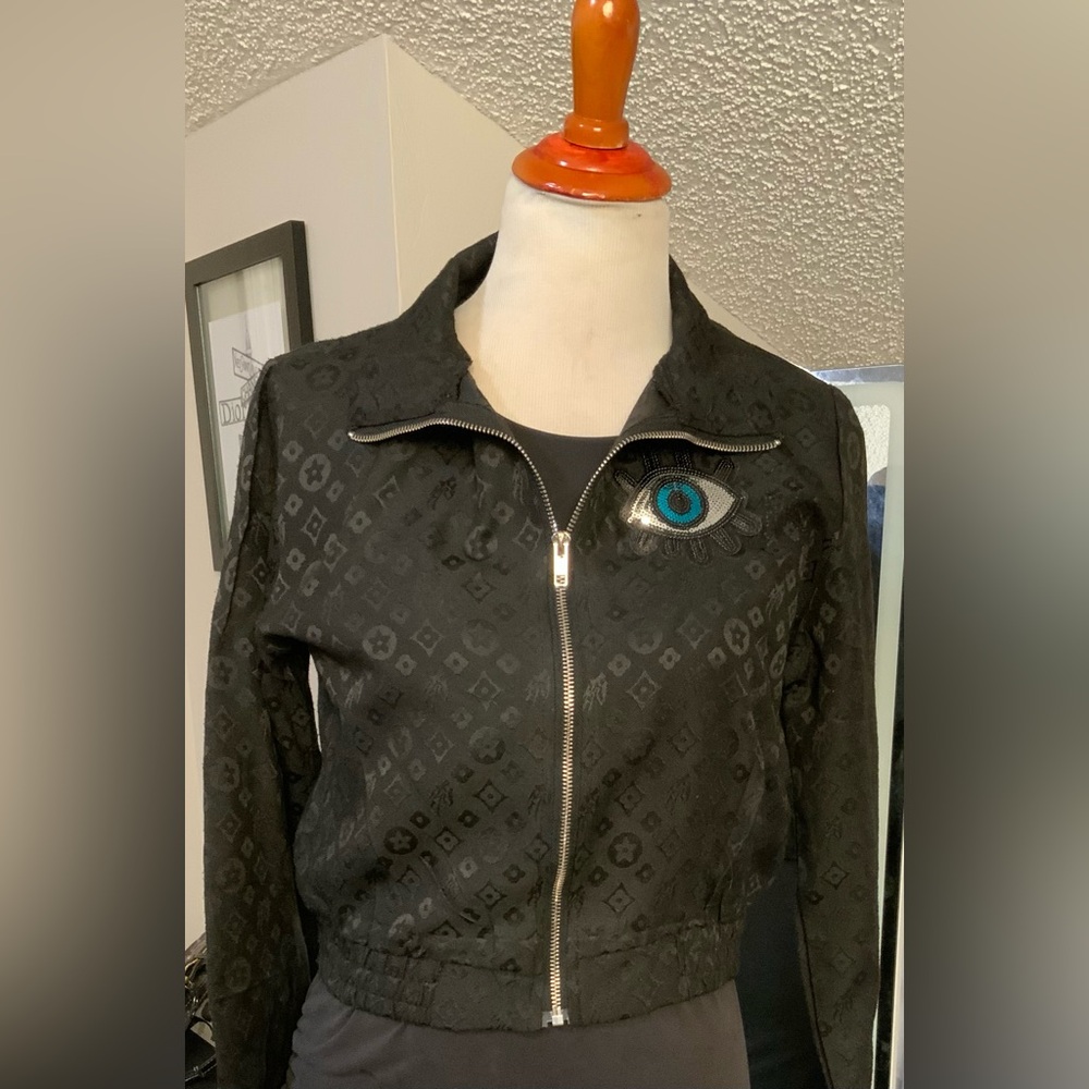 Upcycled Black Cropped Zip Jacket | Evil Eye Beaded Transfer  One-of-a-Kind - Picture 3 of 6